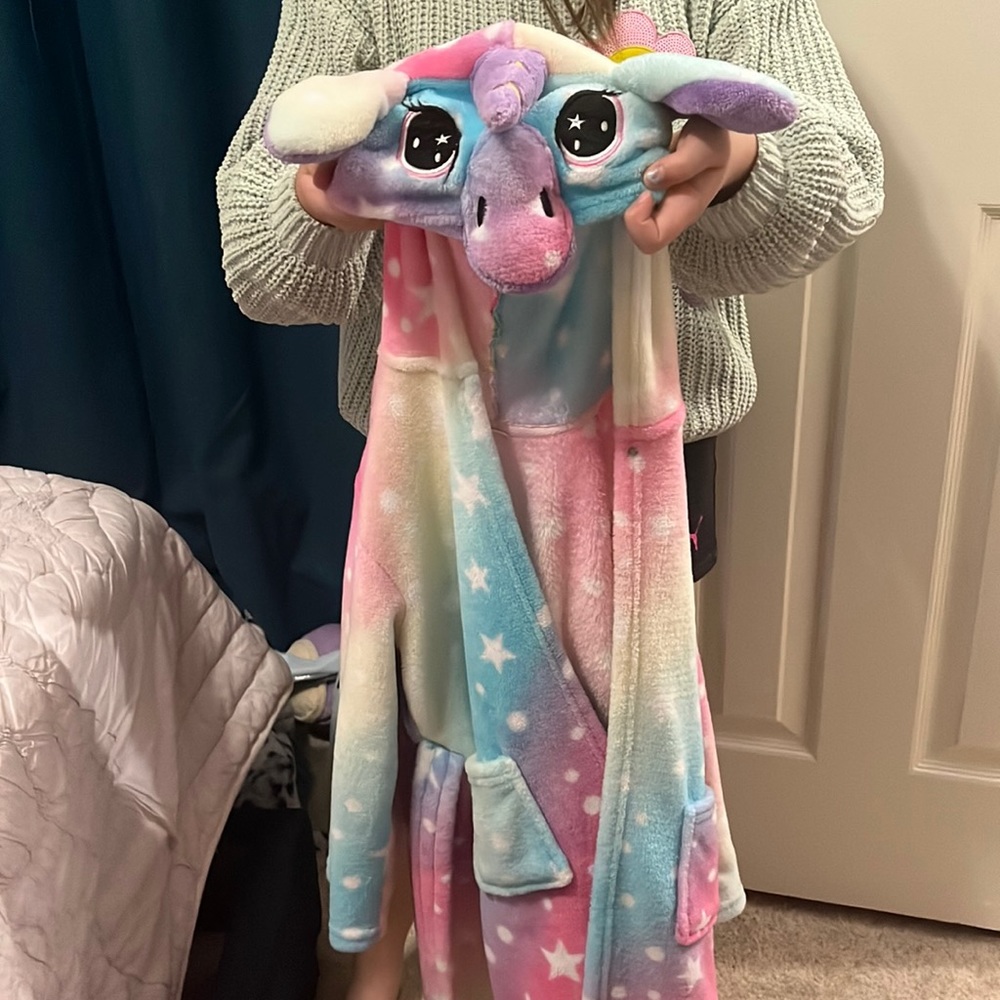 Rainbow unicorn robes with hood.